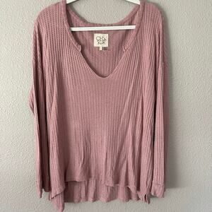 Chaser Waffle Knit Slit Neck Oversize Slouchy Womens Long Sleeve Top Blouse Lrg